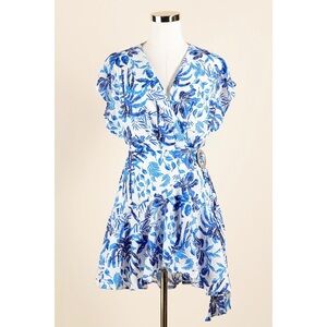 Sz S J.Marie The Hayden Tropical Palm Tree Wrap Romper In White & Blue NWOT